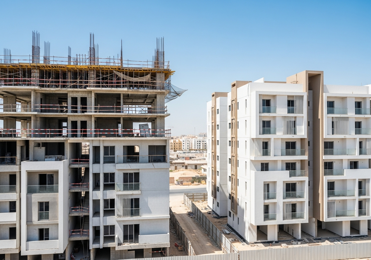 Appartement moderne en cours de construction dans la province d'Al Wusta, Sultanat d'Oman, illustrant le design contemporain comme une opportunité d'investissement prometteuse.