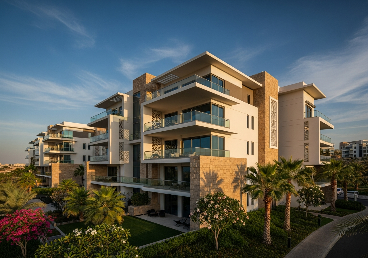 Muscat Hills konut kompleksinde geniş balkonlu modern tasarımlı lüks daire