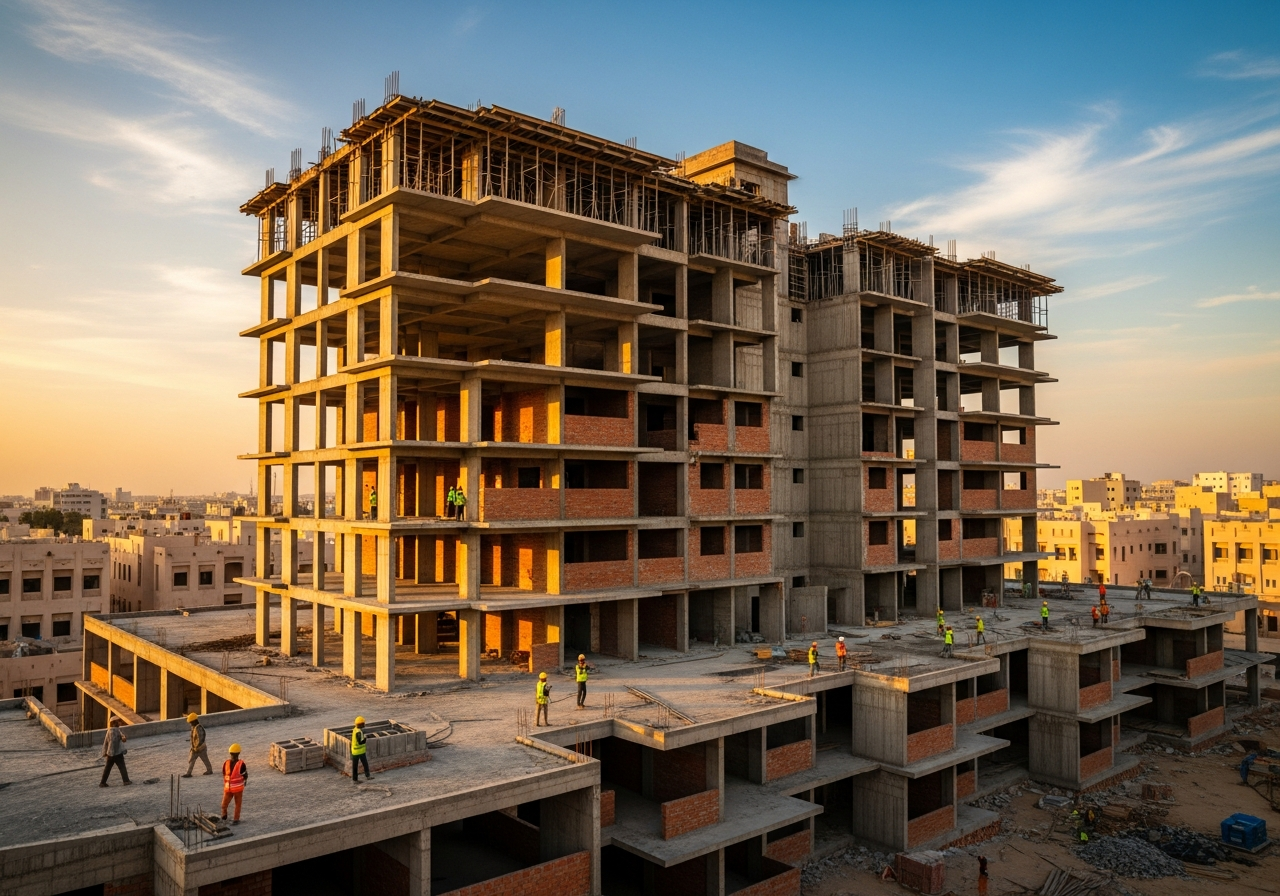 Façade architecturale moderne d’un projet d’appartements en cours de construction à Sohar, Sultanat d’Oman