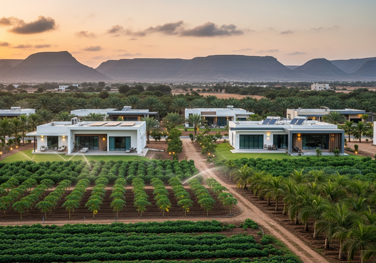 Modern farm for sale in Salalah Oman with smart home technologies and a wide green view