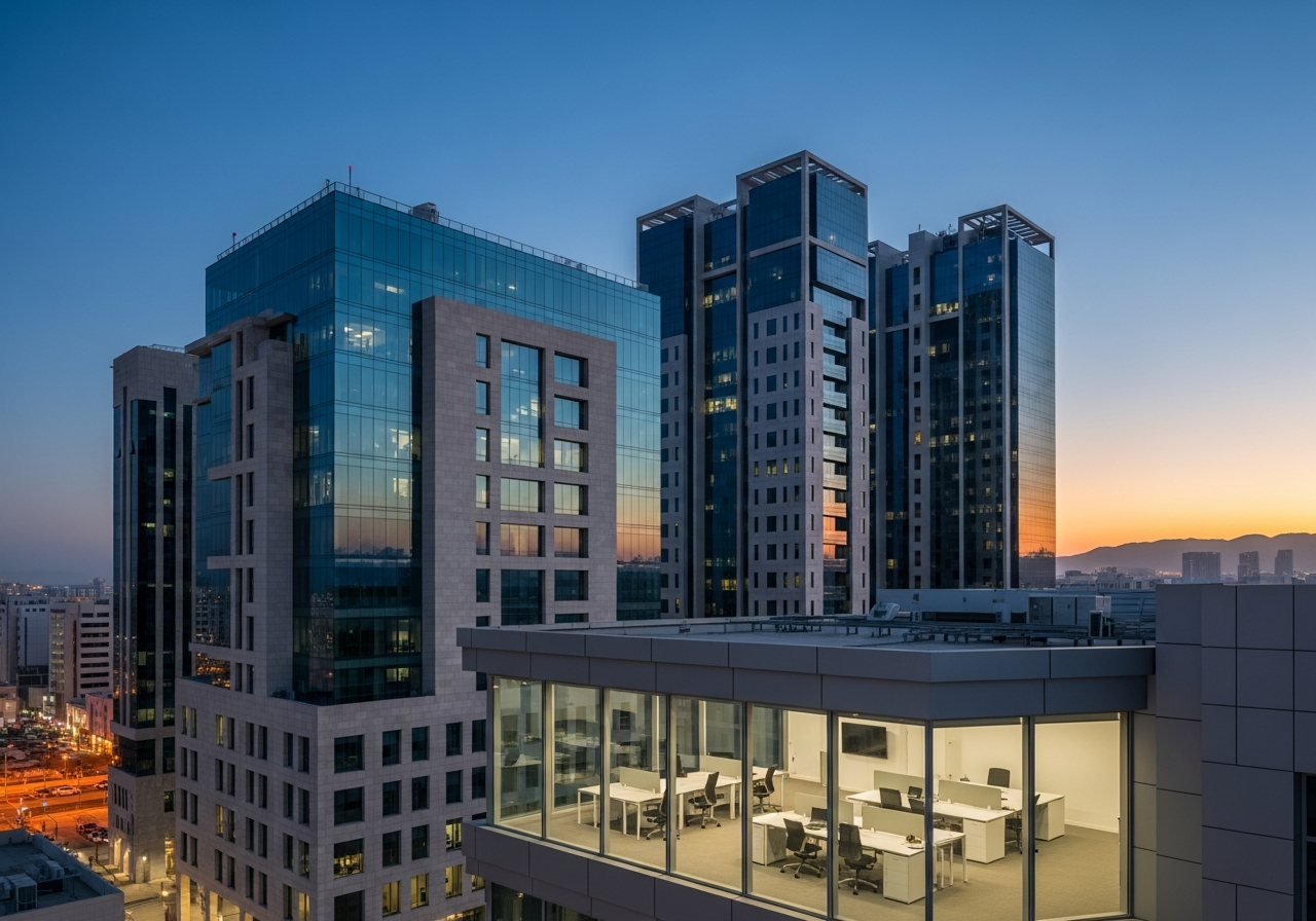 Modern equipped commercial office for sale in Muscat within an integrated business complex and glass facade