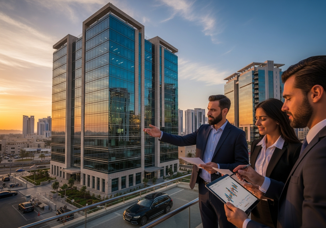 Modern freehold office for sale in Muscat with a glass façade and distinctive architectural design