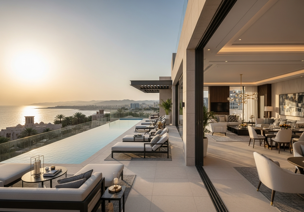 Luxury penthouse apartment with panoramic view for sale to foreigners in an integrated tourism complex in the Sultanate of Oman.