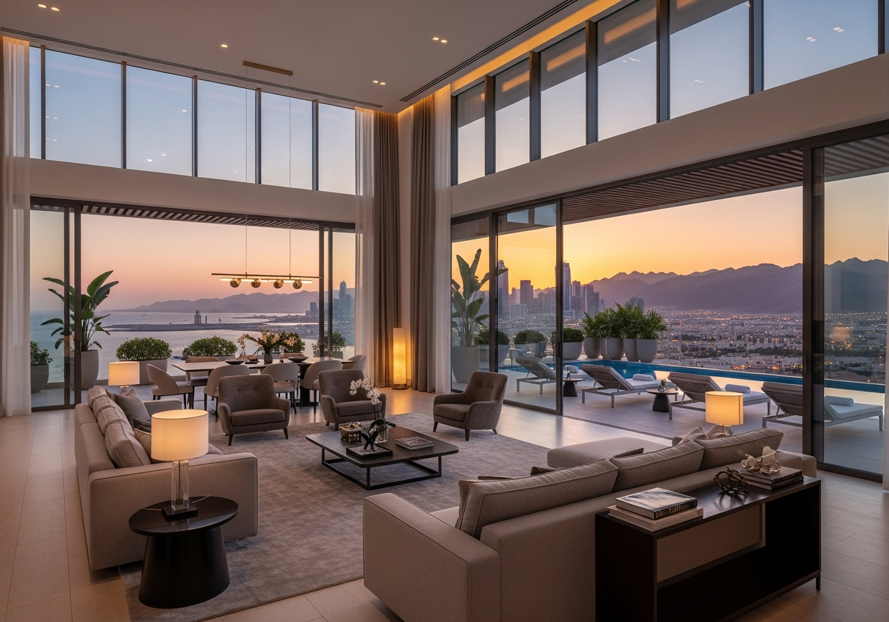Muskat Umman'da satılık tam mülkiyet penthouse için lüks iç tasarım ve muhteşem manzara