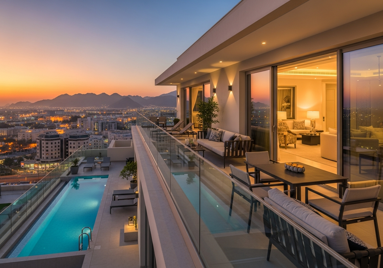 Appartement penthouse de luxe avec grande terrasse et vue panoramique attrayante à Mascate, une opportunité d’investissement prometteuse