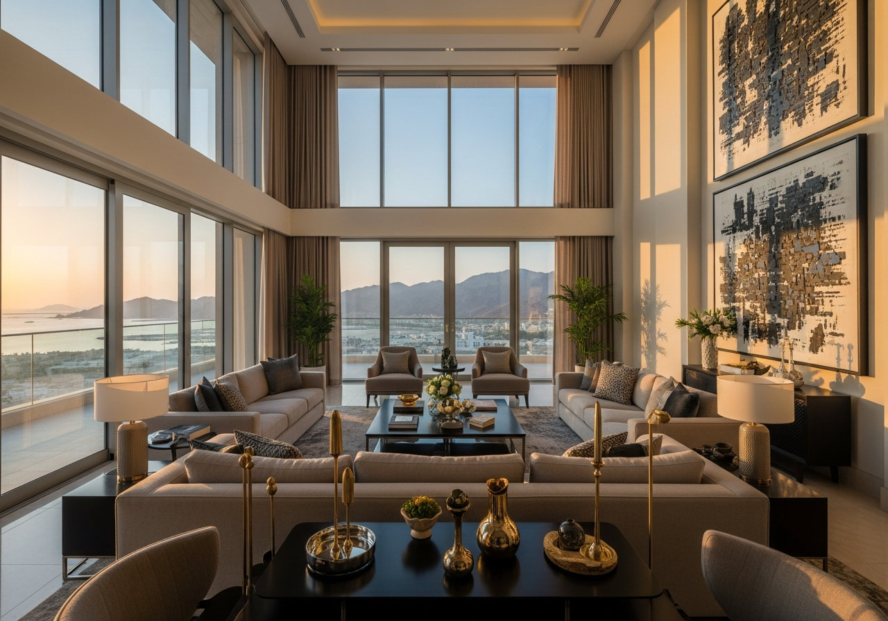 Image of a luxury ready-to-move penthouse for sale in Muscat with a spacious terrace and distinctive view.