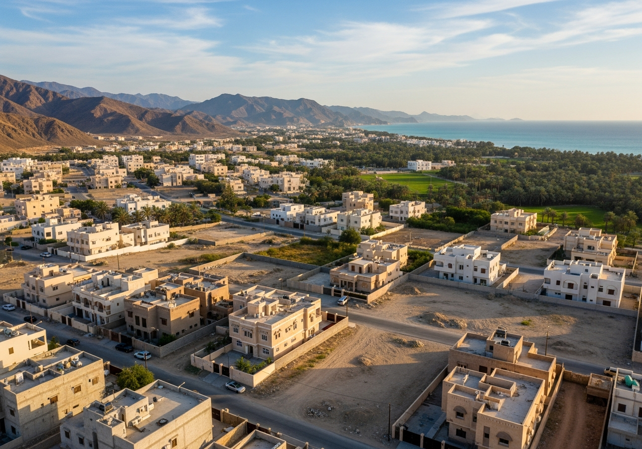 Vue d’un projet immobilier avec terrains et villas abordables à vendre à Al-Batinah Sud, Oman