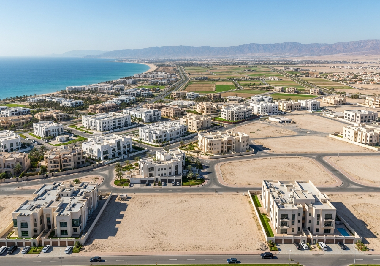 Biens immobiliers d’investissement variés à vendre dans le gouvernorat d'Al Batinah Sud, Sultanat d’Oman, y compris des villas et des terrains.