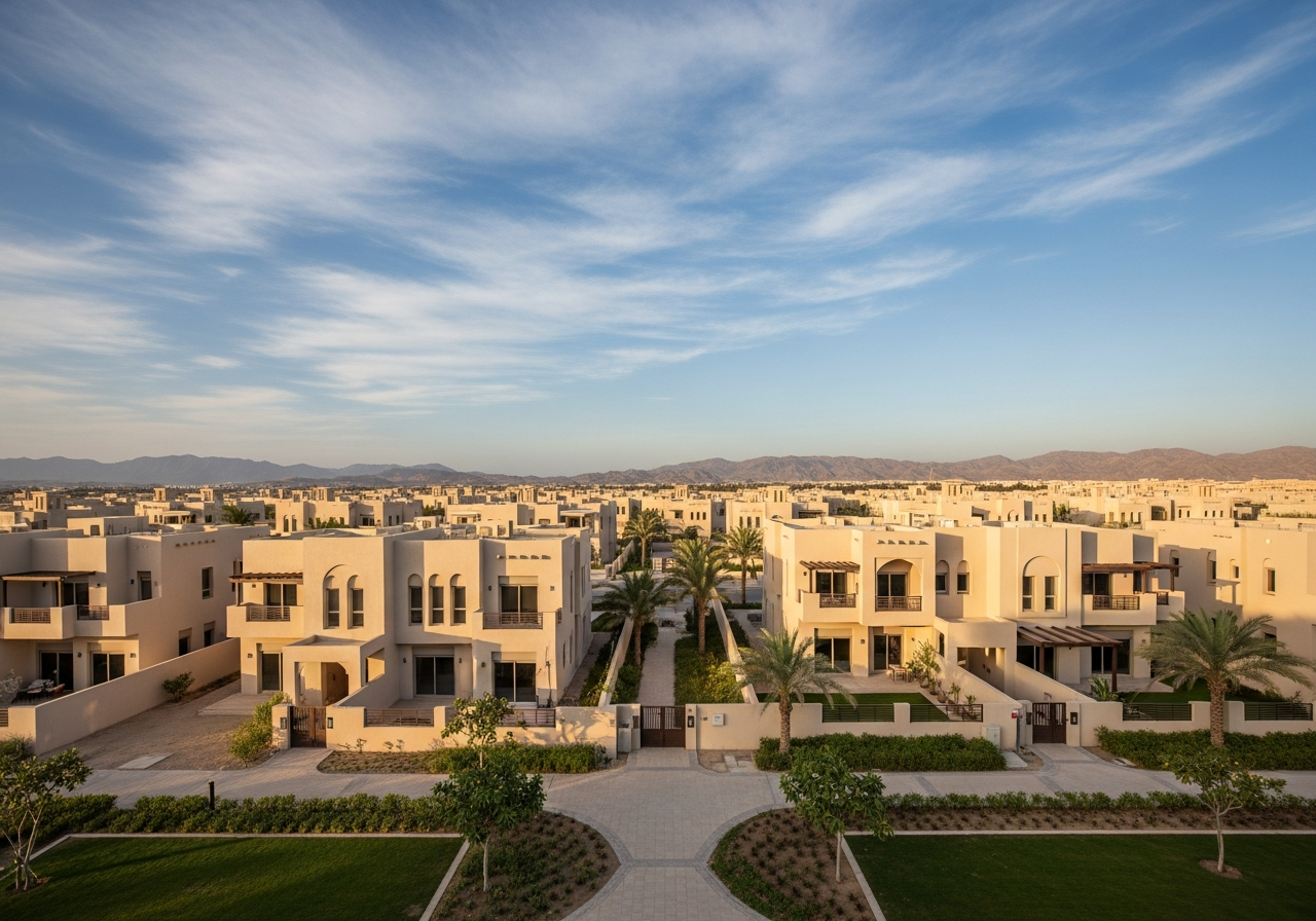 A panoramic image showing land and cheap real estate projects for sale in Duqm, Al Wusta Governorate, Sultanate of Oman.