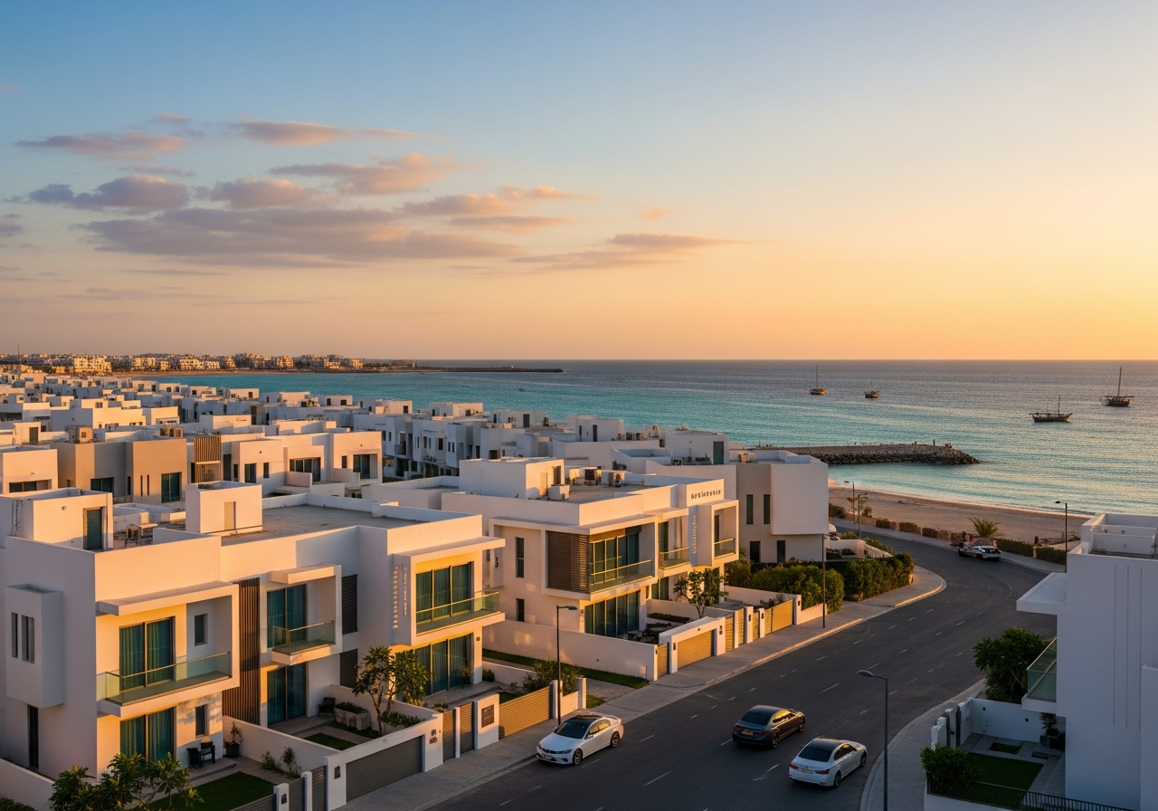 Modern residential and commercial buildings among freehold property offers for sale in Al Wusta, Oman.