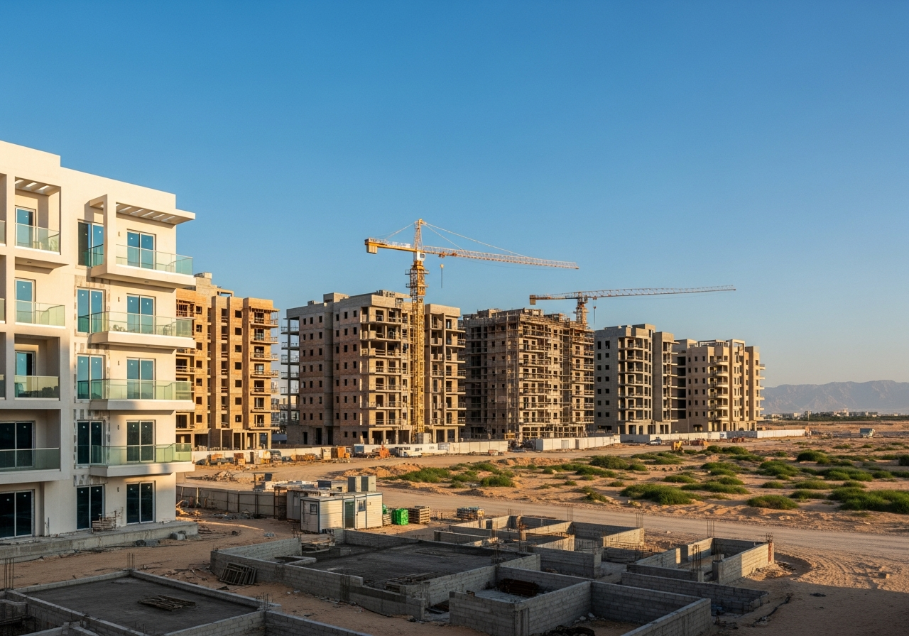 مشروع عقاري حديث يعرض عقارات قيد الإنشاء للبيع في ولاية صحار بتصاميم معمارية عصرية.