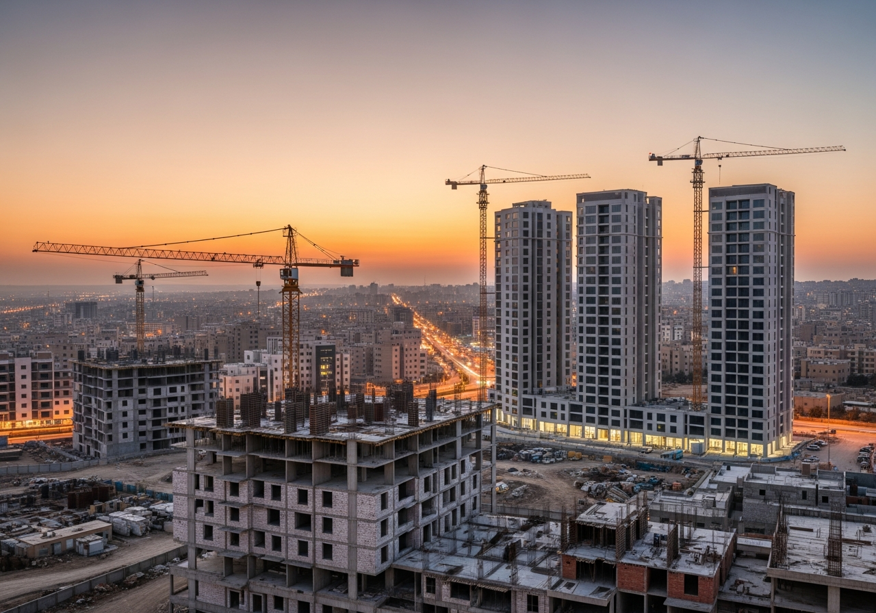 A modern residential complex under construction in the Sultanate of Oman showing contemporary architectural designs and integrated facilities for real estate investment.