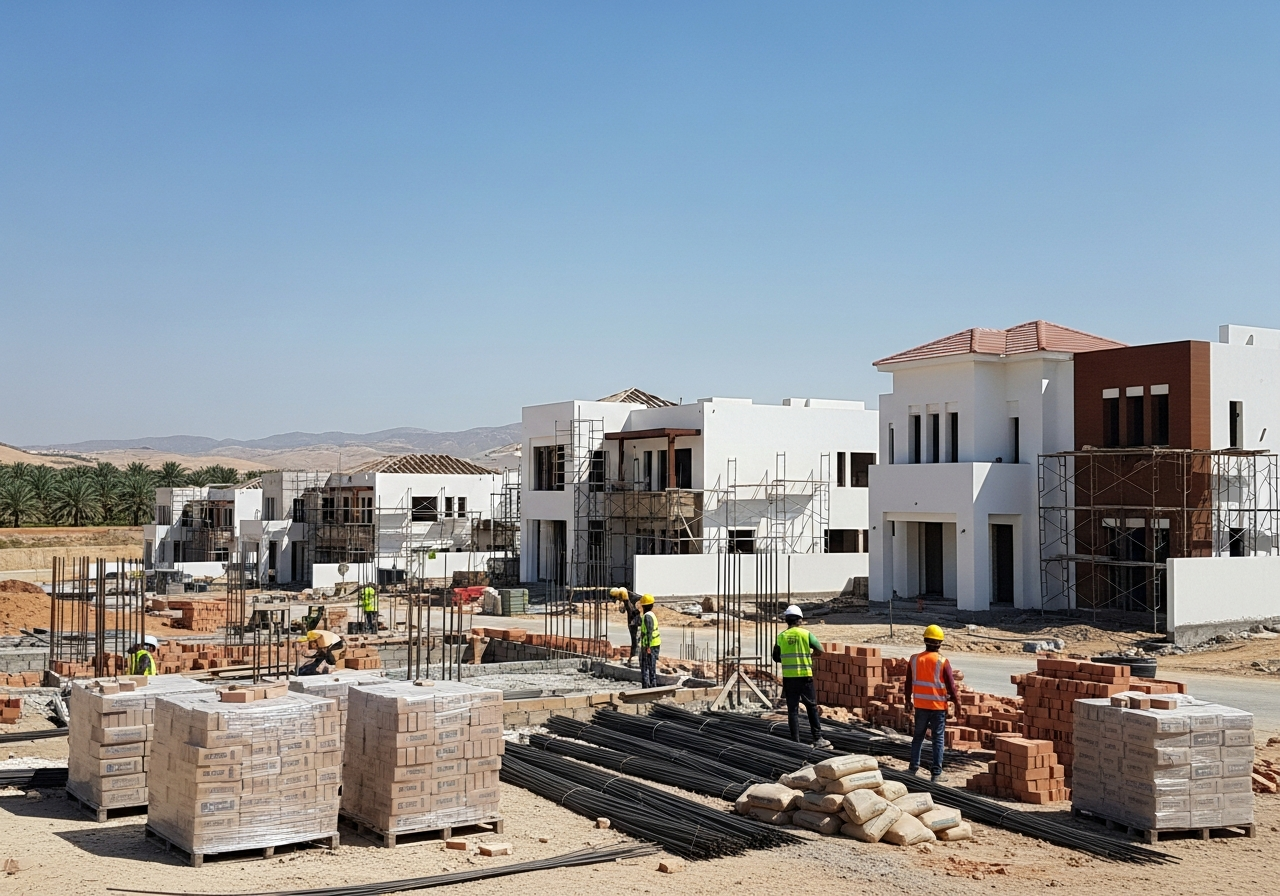 Güney el-Batina'da satılık inşaat halindeki modern mimariye sahip, lüks bitişli villa tasarımı.